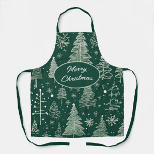 Elegant Christmas Tree Holiday Line Art Pattern Apron