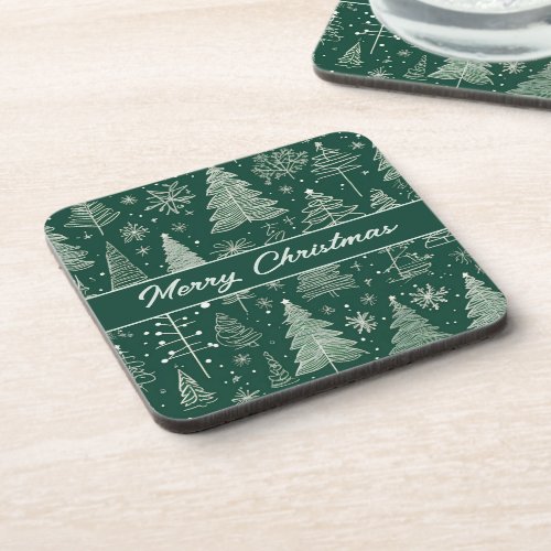 Elegant Christmas Tree Holiday Line Art Pattern Beverage Coaster