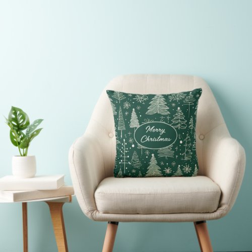 Elegant Christmas Tree Holiday Line Art Pattern Throw Pillow