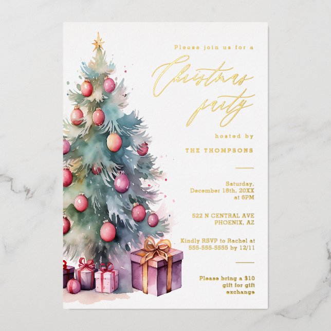 Elegant Christmas Tree Holiday Party Gold Foil Invitation (Front)