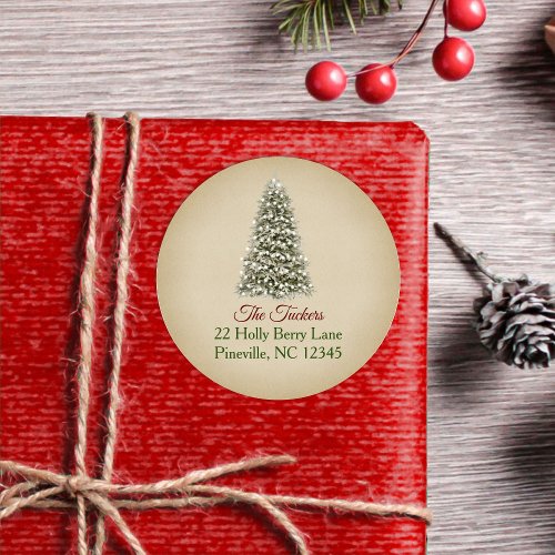 Elegant Christmas Tree Kraft Paper Return Address  Classic Round Sticker
