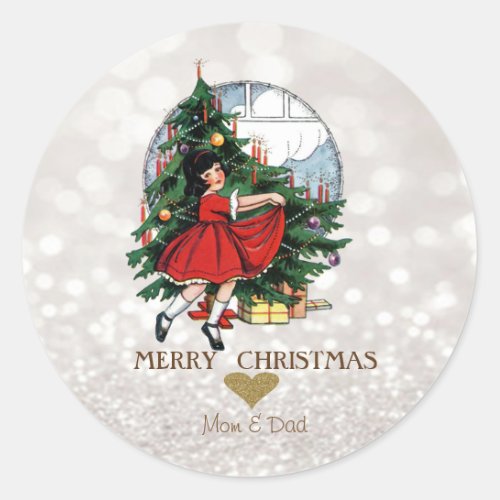 Elegant Christmas Tree Little Girl Bokeh Classic Round Sticker