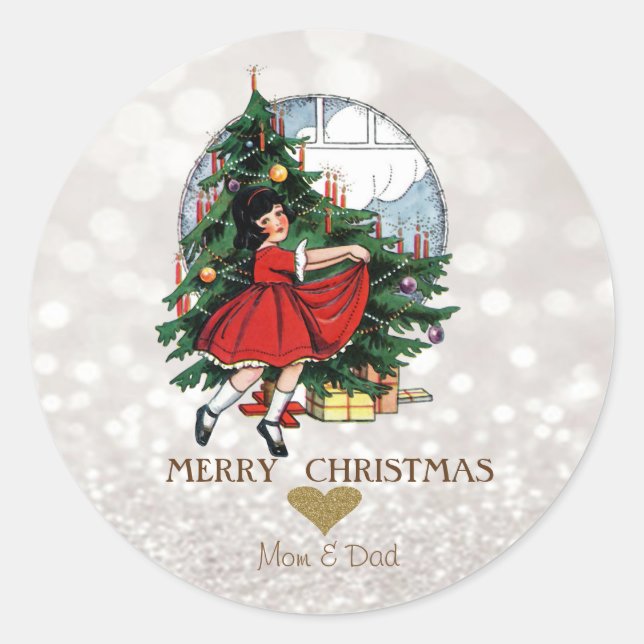 Elegant Christmas Tree Little Girl Bokeh Classic Round Sticker (Front)