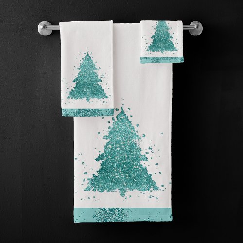 Elegant Christmas Tree  Luxe Aqua Mint Splatter Bath Towel Set