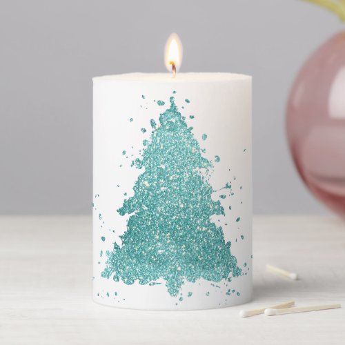Elegant Christmas Tree  Luxe Aqua Mint Splatter Pillar Candle