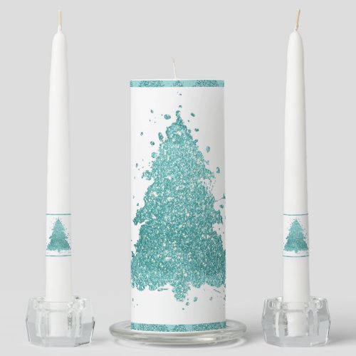 Elegant Christmas Tree  Luxe Aqua Mint Splatter Unity Candle Set