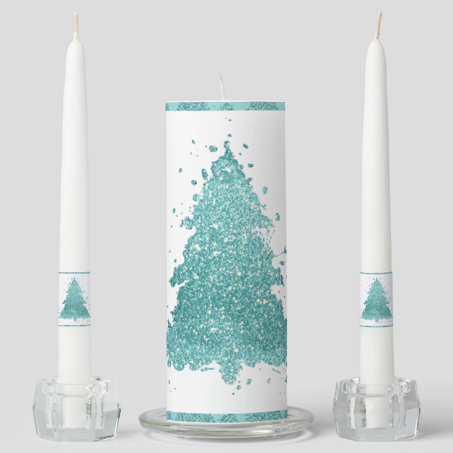 Elegant Christmas Tree | Luxe Aqua Mint Splatter Unity Candle Set (Front)