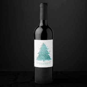Elegant Christmas Tree Luxe Aqua Mint Splatter Wine Label