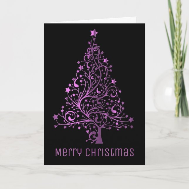 Elegant Christmas Tree Metallic Pink Look Black Holiday Card (Front)