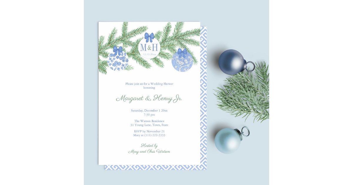 Elegant Christmas Tree Monogram Coed Bridal Shower Invitation | Zazzle