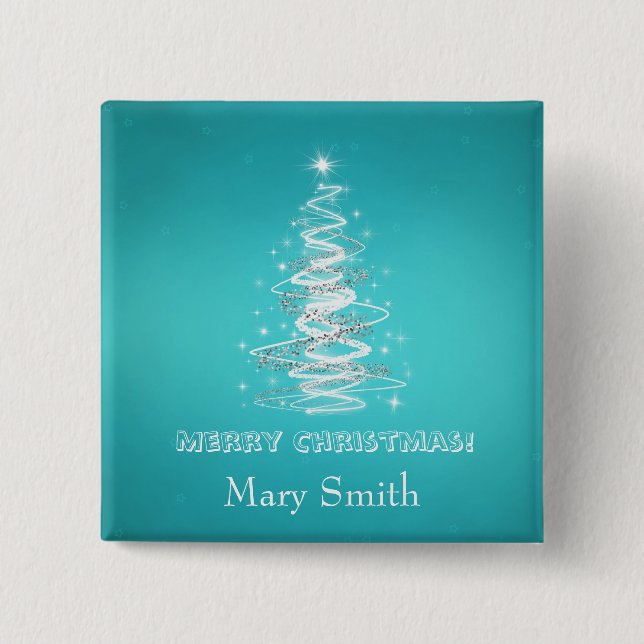 Elegant Christmas Tree Name Blue Custom Pinback Button (Front)