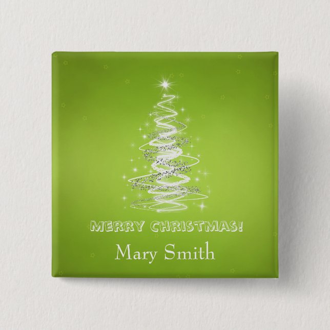 Elegant Christmas Tree Name Lime Green Custom Button (Front)