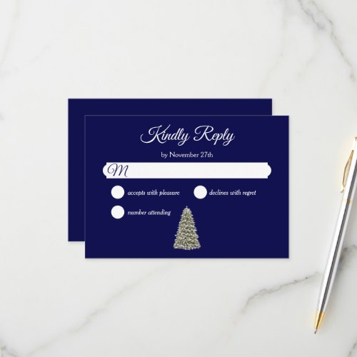 Elegant Christmas Tree Navy Blue Winter Wedding RSVP Card