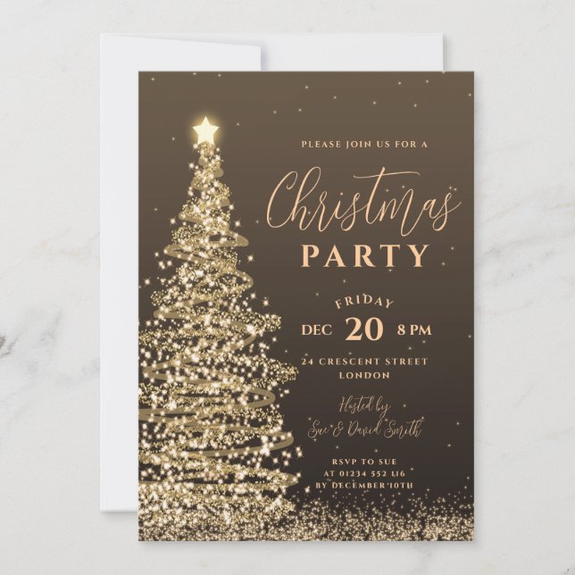 Elegant Christmas Tree Party Gold Holiday  Invitation (Front)