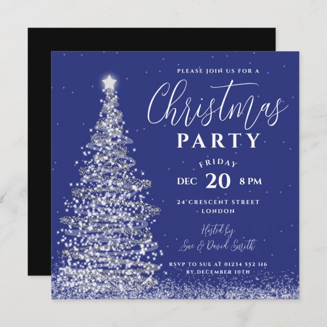 Elegant Christmas Tree Party Silver Navy Holiday  Invitation (Front/Back)