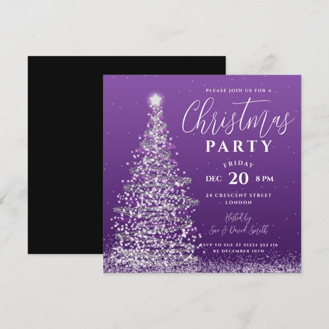 Elegant Christmas Tree Party Silver Purple Holiday Invitation (Front/Back)
