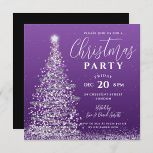 Elegant Christmas Tree Party Silver Purple Holiday Invitation