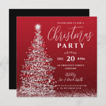 Elegant Christmas Tree Party Silver Red Holiday   Invitation
