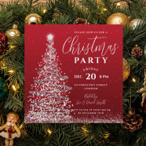 Elegant Christmas Tree Party Silver Red Holiday Invitation