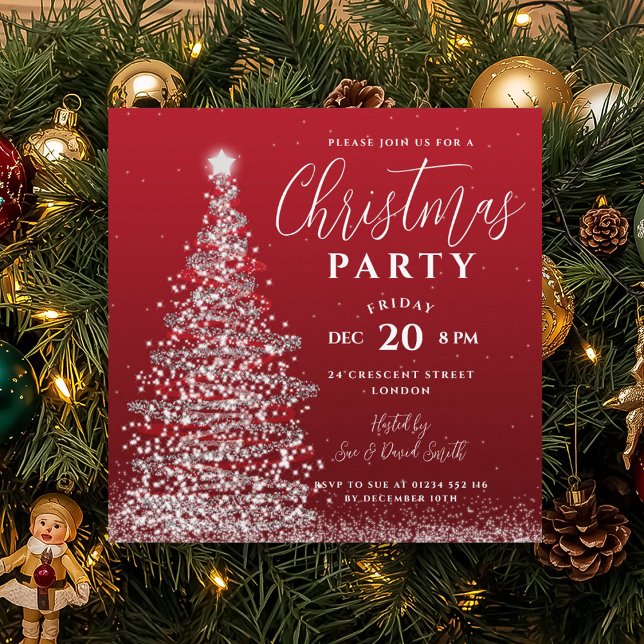 Elegant Christmas Tree Party Silver Red Holiday   Invitation (Elegant Christmas Tree Party Silver Red Holiday Invitation)