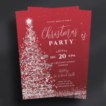 Elegant Christmas Tree Party Silver Red Holiday Invitation