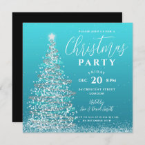 Elegant Christmas Tree Party Silver Teal Holiday  Invitation