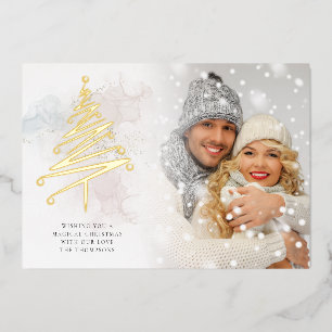 Elegant Christmas Tree Photo Watercolors Real Foil Holiday Card