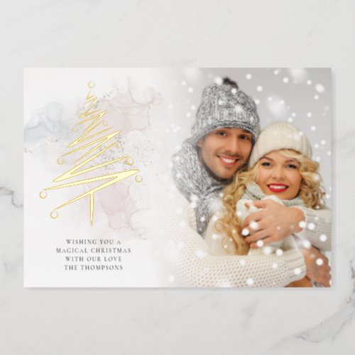 Elegant Christmas Tree Photo Watercolors Real  Foil Holiday Card