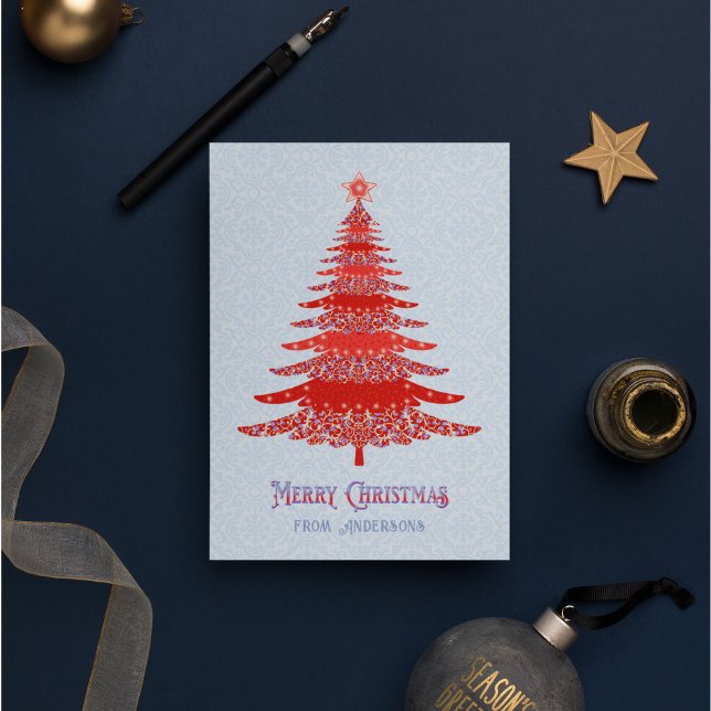 Elegant Christmas Tree Red Blue Personalized Holiday Card (Creator Uploaded)