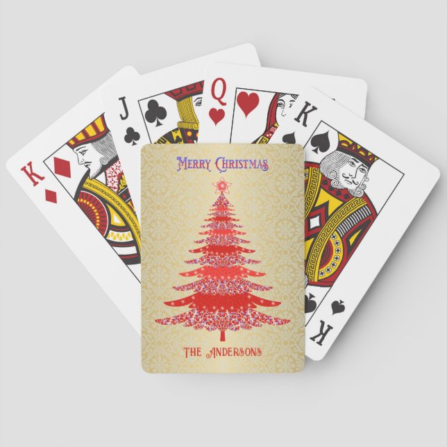 Elegant Christmas Tree Red Gold Name Ornaments Poker Cards (Back)