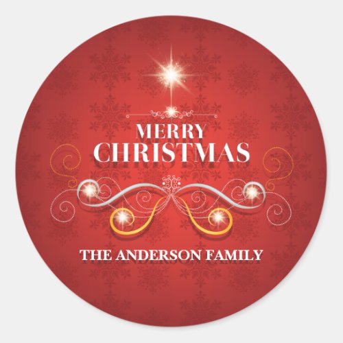 Elegant Christmas tree red gold stars modern wish Classic Round Sticker