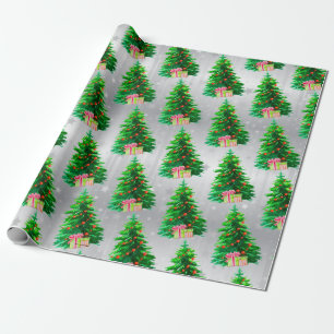 Elegant Christmas Tree, Red Ornaments, Packages Wrapping Paper