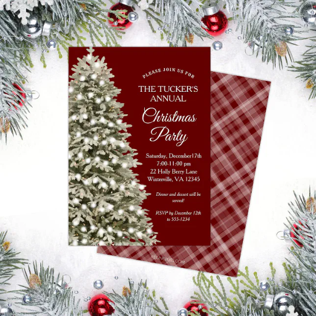 Elegant Christmas Tree Red Plaid Christmas Party Invitation | Zazzle