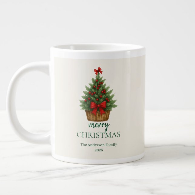 Elegant Christmas Tree – Red Ribbon  Giant Coffee Mug (Left)
