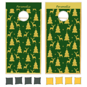 Elegant Christmas Tree Reindeer Green Gold  Cornhole Set
