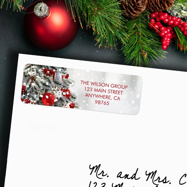 Elegant Christmas Tree Return Address Label (Elegant Christmas tree and red ornaments return address labels)