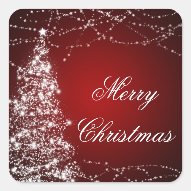 Elegant Christmas Tree Shining Stars Red Square Sticker (Front)