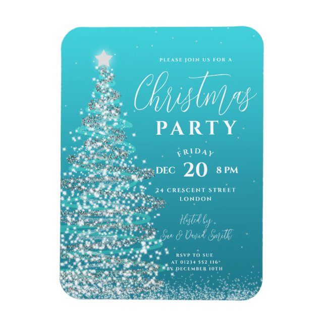 Elegant Christmas Tree Silver Teal Holiday Invite Magnet (Vertical)