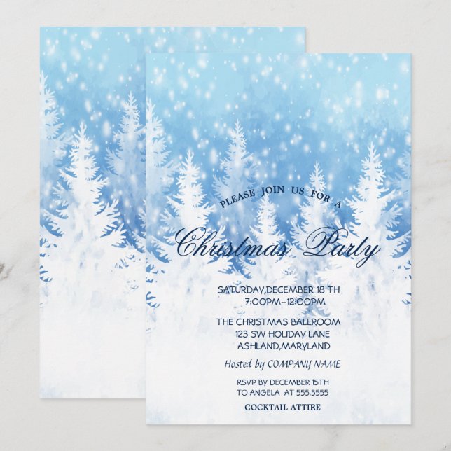 Elegant Christmas Tree, Snow Christmas Party Invitation (Front/Back)