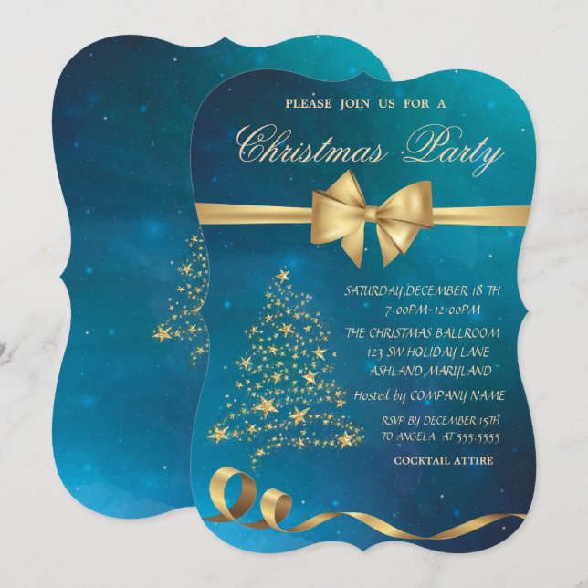 Elegant Christmas Tree Stars Bow Christmas Party Invitation (Front/Back)