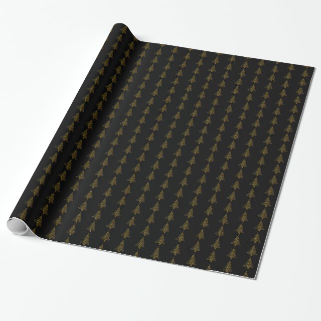 Elegant Christmas Tree Striped Pattern Black Gold Wrapping Paper (Unrolled)