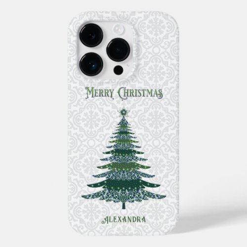 Elegant Christmas Tree White Green Personalized Case_Mate iPhone 14 Pro Case
