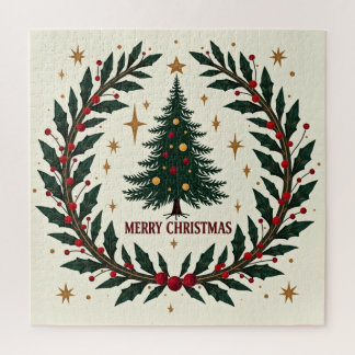 Elegant Christmas Tree with Greenery & Red Berries Jigsaw Puzzle