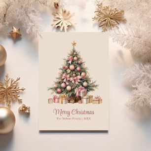 Elegant Christmas Tree with Pink Bows Holiday Card