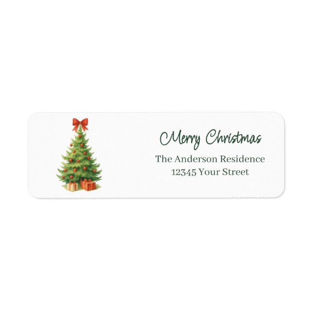 Elegant Christmas Tree with Red Bow & Presents -  Label (Front)