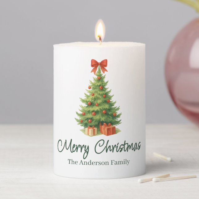 Elegant Christmas Tree with Red Bow & Presents -  Pillar Candle (In Situ)