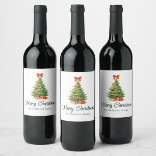 Elegant Christmas Tree with Red Bow & Presents - Wine Label