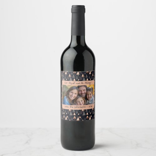 Elegant Christmas Trees Family Photo Gift Wine Label