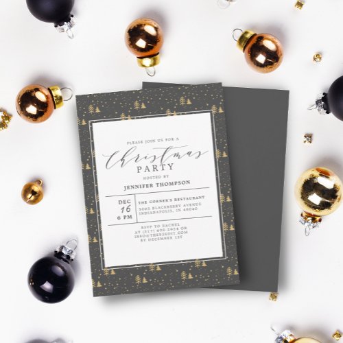 Elegant Christmas Trees Grey  Gold Holiday Party Invitation