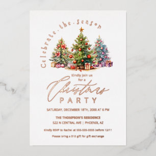 Elegant Christmas Trees Holiday Party Rose Gold Foil Invitation